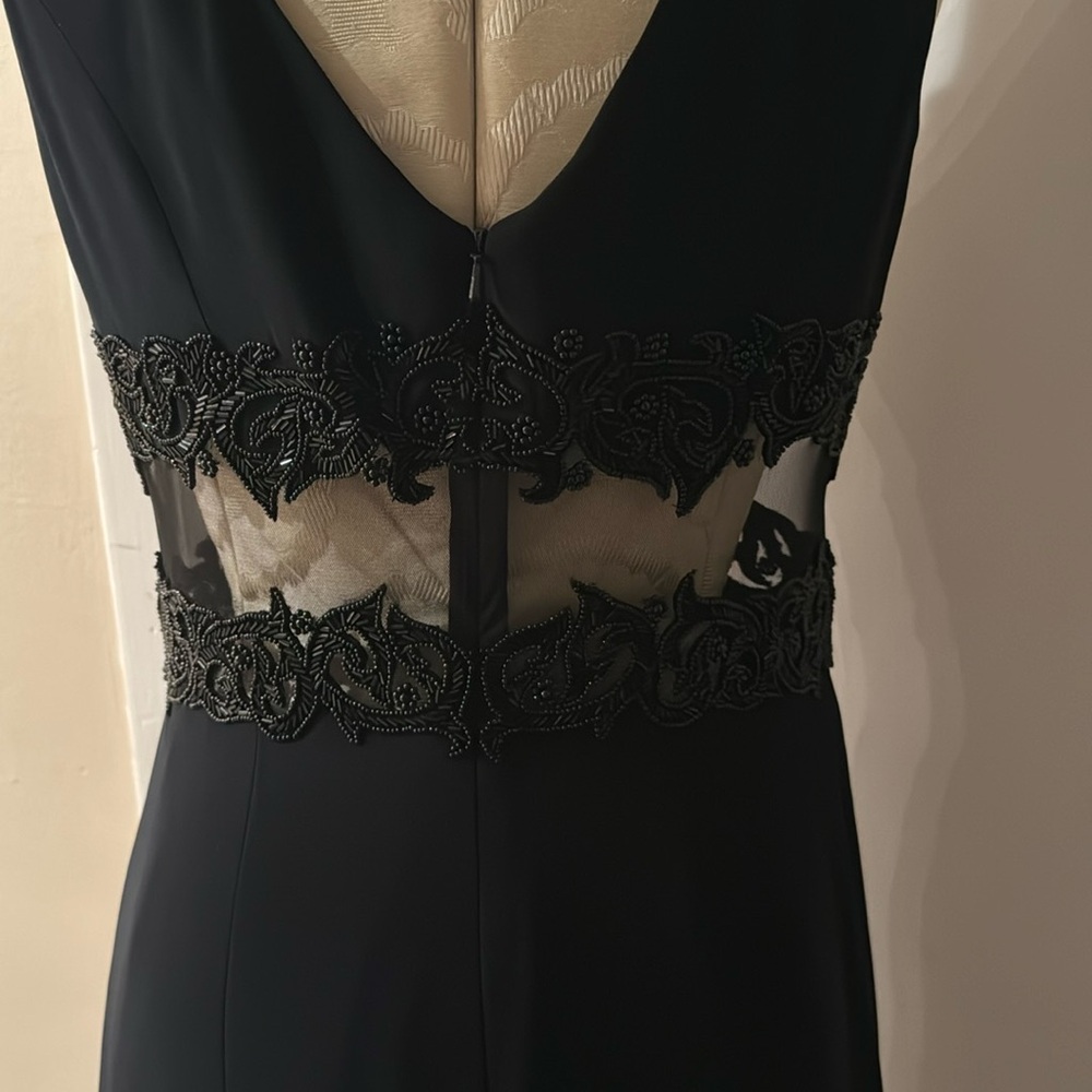 Cache Vintage LBD Sheer Sides Black Seed Beaded Chic Lined Midi Sheath Dress 8